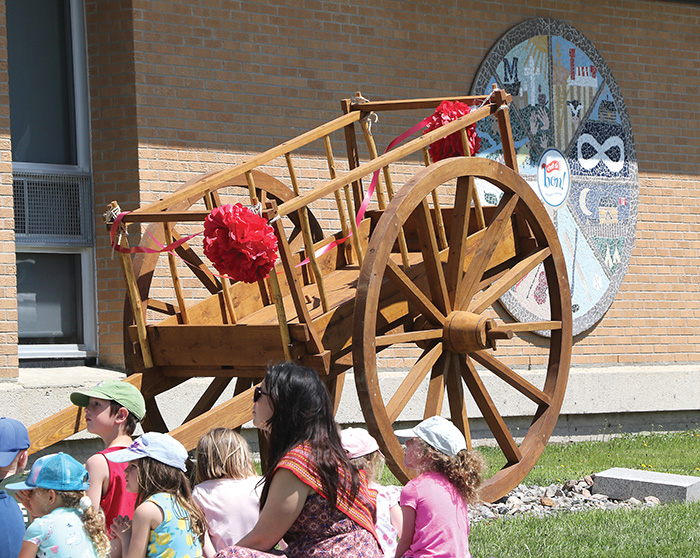 The Red River cart symbolizes a mode of transportation that Métis used to transport cargo to and from, the Red River Settlement all across the North West. The cart was built with no nails and was constructed solely with wood. 